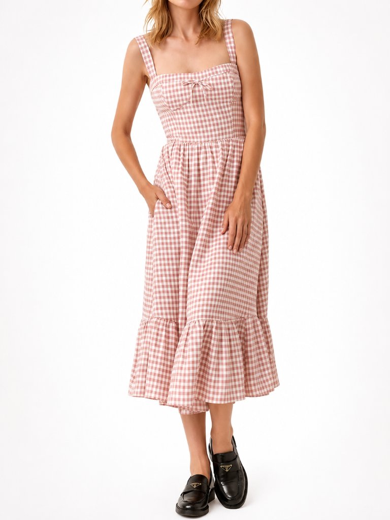 Reformation Maegan Linen Midi Dress Pink Gingham Pocket 4